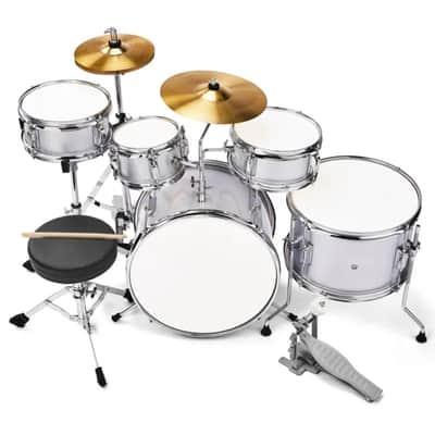 5-Piece Complete Junior Kids Drum Set Kit w/ Stool, Kick Pedal, Sticks & Tuning Key – Silver image 5