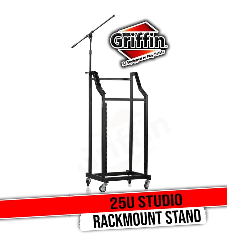 GRIFFIN Rack Mount Cart Stand & Top Mixer Platform 25U (Studio-XPRO Steel Series) – Rolling Music Booth Case Holder – Sound Stage Audio Equipment DJ Gear Display for Amplifier, Effects image 1