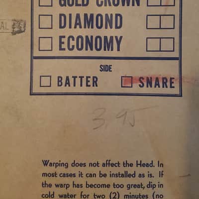 WOW! 1920 1930 1940s * 15" CALFSKIN DRUMHEAD N.O.S. SNARE BOTTOM * Factory labeled "SPECIAL" SELECTION & GOLD CROWN! Highest possible QUALITY! *New Old Stock* in ORIGINAL PACKAGING* Never been on a drum! Calf Skin Head image 5