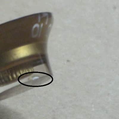 TWO very lightly used genuine Gibson Gold TOP HAT Knobs (ONLY 2 of the 4 knobs from PRHK-020 set are for sale) TOP Edge of ONE OF THE KNOBS has two very short very light nick image 21