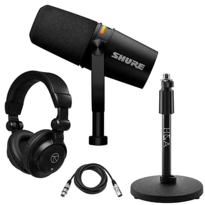 Shure Shure MV7 Dynamic Unidirectional Dual XLR/USB Podcasting Microphone, Black Bundle with H&A Telescoping Tabletop Microphone Stand, Microphone Cable, TAPH500 Pro Closed-Back Studio Headphones image 1