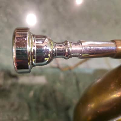 Vintage Brass Hunting Horn 1960s England or France Nickel Plated Mouthpiece Chain image 14