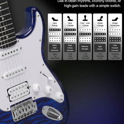 Beginner Electric Guitar Kit HSS Pickup, Versatile 5-Way Switch for Clean to High-Gain Tone Full-Size ST Style Guitar for Starter & Intermediate Player Gig Bag Digital Tuner Blue Burst image 3