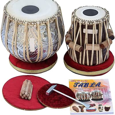 Armonia Professional Tabla Drum Set 4 Kg Copper Bayan Designer Finest Dayan with Padded Bag Book Hammer Cushions & Cover - Tabla Set Tabla Drums Tablas Indian Musical Instruments 2023 - Polished image 1