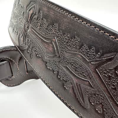 Walker & Williams LIP-05 Matte Copper Carved Leather Spade Cut Strap with Tooled Cross and Thorns image 4