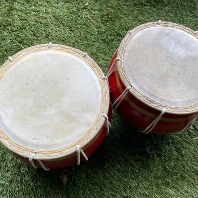 Earthenware Indian Tabla Drums Red Body Animal Rawhide image 2