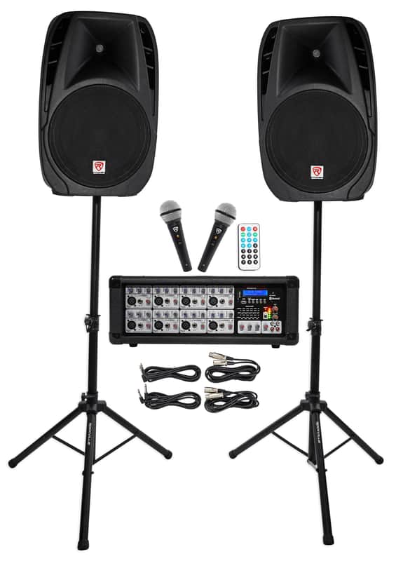 Rockville RPG2X15 Package PA System Mixer/Amp+15" Speakers+Stands+Mics+Bluetooth image 1