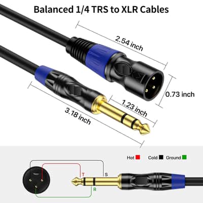 1/4 to XLR Cable - 6.35mm TRS Plug to Balanced 3-pin Male XLR Microphone Cable, 3ft 2 Pack image 2