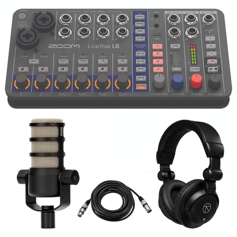Zoom LiveTrak L6 10-Track Compact and Portable Digital Mixer / Recorder with PodMic Dynamic Podcasting Microphone, Closed-Back Studio Monitor Headphones, and Value Series XLR M to F Professional Microphone Cable - 25' image 1