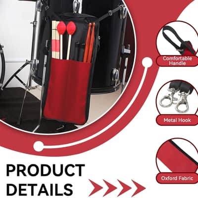 Drumsticks Bag Holder, Oxford Cloth Drum Sticks Case Hanging Brushes Mallets Bag, Portable Drum Stick Case Drumstick Accessories Percussion Gifts for Drummers, Beginners (Red) image 3