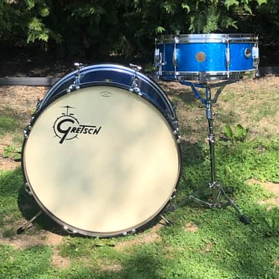 Vintage 1960s Gretsch Round Badge 2-Piece Blue Sparkle Glass Glitter Jazz Drums Virgin Bass Snare USA Jasper Shells 14/22 image 23
