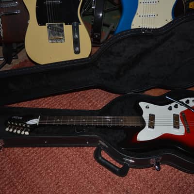 c. 1966 Vintage Harmony Holiday Bobcat, in Redburst w/DeArmond Gold foil PU's. New Black Dunlop Straplocks & New tuners installed, Fret markers installed, Ground installed & Set-Up, plus New Garry Black Hardshell Case image 23