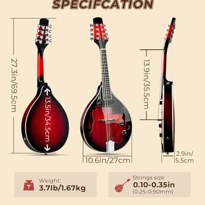Mandolin Musical Instrument A Style Acoustic Electric, 8 Strings Mahogany for Beginner Adults Teens, Red Burst image 2