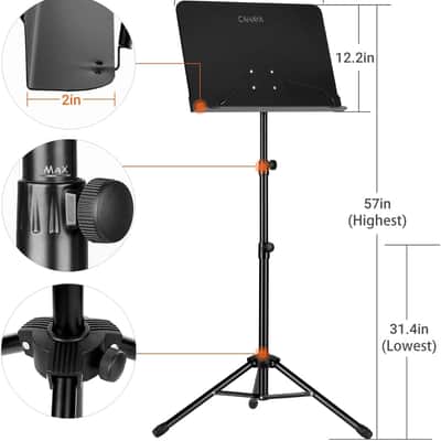 5 in 1 Dual-use Sheet Music Stand & Desktop Book Stand Metal Portable Solid Back Height Adjustable from 31.4-57in with Book Stand Support, Carrying Bag, Sheet Music Folder and Clip image 2