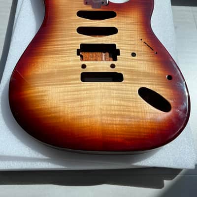 Vibrato system Strat Style Electric Guitar Body - Mahogany Core with 4a Flame Maple Top, Gloss 3-Color Sunburst Finish, S-S-H Pickup Routing, for DIY Build image 1