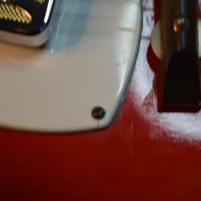 c. 1966 Vintage Harmony Holiday Bobcat, in Redburst w/DeArmond Gold foil PU's. New Black Dunlop Straplocks & New tuners installed, Fret markers installed, Ground installed & Set-Up, plus New Garry Black Hardshell Case image 18