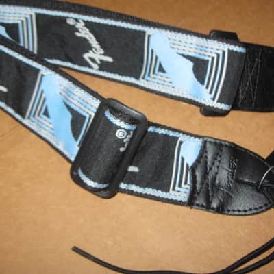 new with tags genuine Fender 2" Monogrammed Guitar Strap Black, Light Gray, and Light Blue - Fender part number: 099-0681-502, Fully adjustable length (39"-72") Woven Fender logo and guitar headstock design, polyester backing, black leather ends image 23