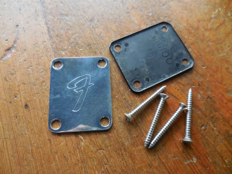 Fender 70's-80's 4 Bolt 'F' Neckplate with Original Black Pad and Bolts image 1