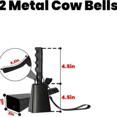2 Pcs Cow Bell Steel Cowbells 9 inch Cowbell Noise Makers Cheering Hand Bell with Wrist Strap for Sports Events,Football Games,Party,Farm, Musical Instruments (Black) image 2