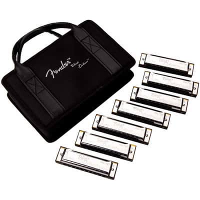Fender Blues Deluxe 10-Hole Diatonic Harmonica 7-Pack with Case, Key of C, G, A, D, F, E, Bb image 1
