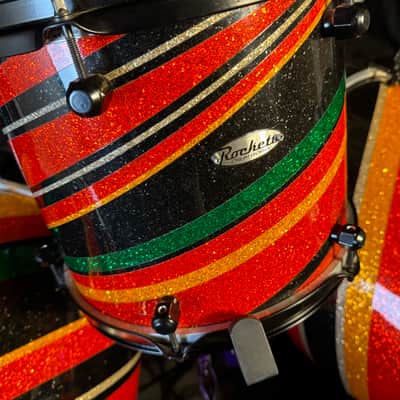 Rikki Rockett's Poison, Rockett Drum Works 2011 Tour Set. Maple/Carbon Fiber 18x22 (x2) 14.5x16, 12.5x14, 9.5x12. MultiColor Stripe Wrap image 12