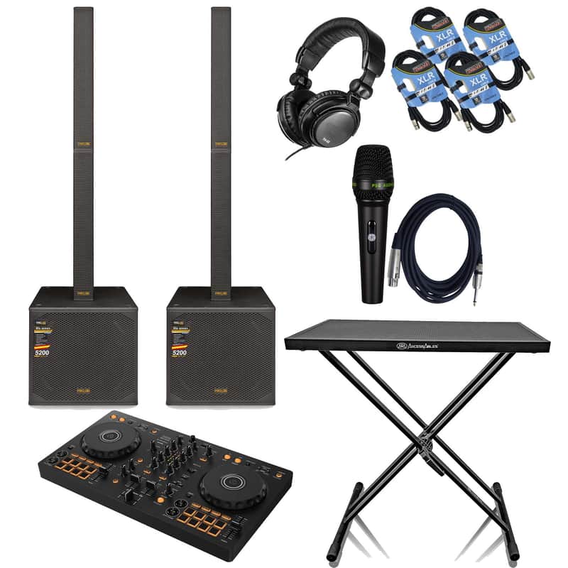 (2) PRO DG IRIS 5200W Portable Line Array with 18-inch Subwoofer - Pioneer DDJ-FX4 - AxcessAbles Portable DJ Table - Tascam TH02 - PSG Audio C350 - (2) XLR Cables Bundle image 1