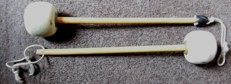 RARE, VINTAGE PAIR OF NEW ERA MARCHING BASS DRUM / TOM TOM / GONG BEATERS / MALLETS - WORN image 1