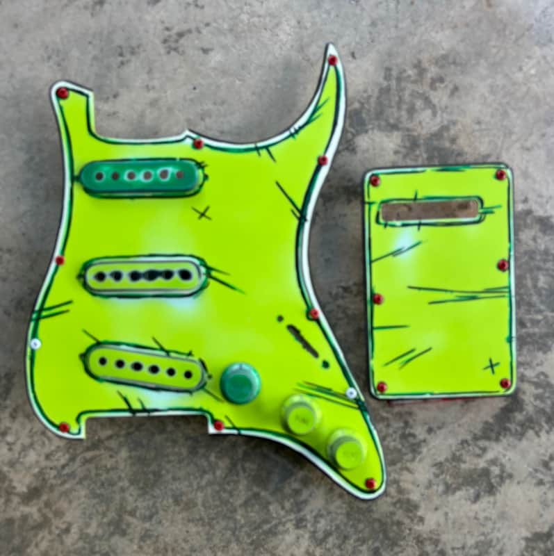 🎸 Custom Neon Green Comic-Style Stratocaster Pickguard Set (11-Hole SSS + Back Plate + Knobs & Covers) image 1