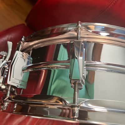 Ludwig No. 400 Supraphonic 5x14" 10-Lug Aluminum Snare Drum with Pointed Blue/Olive Badge 1969 - 1979 - Chrome-Plated image 5