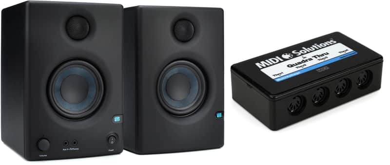 PreSonus Eris E3.5 3.5-inch Powered Studio Monitors Bundle with MIDI Solutions MultiVoltage Quadra Thru 1-in 4-out MIDI Through Box image 1