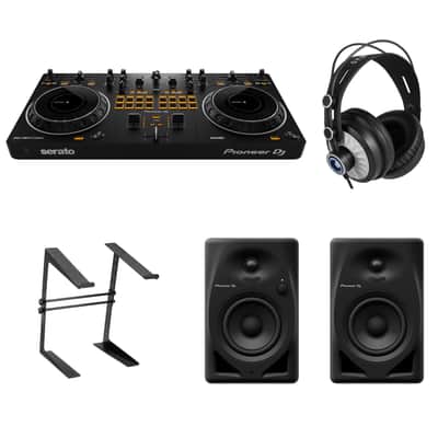 Pioneer DJ DDJ-REV1 2-deck Serato DJ Controller with Pioneer DJ DM-40D 4-inch Desktop Active Monitor Speaker - Black, On-Stage Stands LPT5000 Computer Laptop Stand, StreamEye Cans50 Professional Studio Headphones and a StreamEye polishing Cloth image 1
