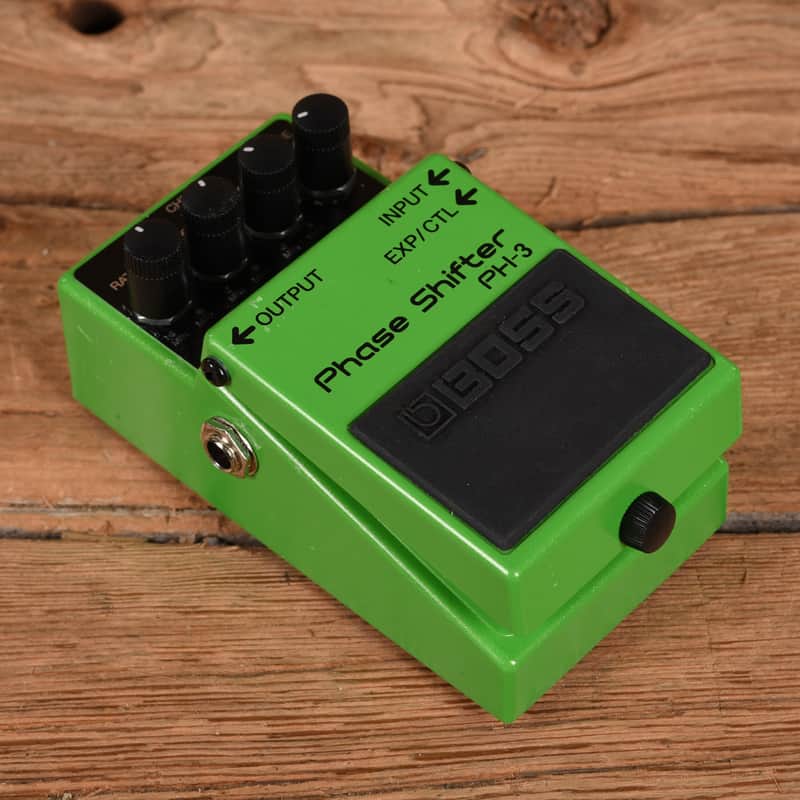 Green Boss Phase Shifter pedal with black knobs and display panel.