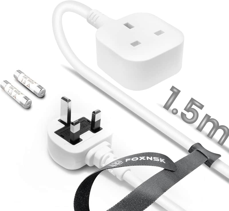 Single Plug Extension Lead 1.5m, 1 Gang Single Socket Extension Lead Surge Protected, 13amp 250V 3kw UK 3 Pin Fused Mains Single Extension Lead for Tumble Dryer, Rubber, Tough and Fireproof, White image 1