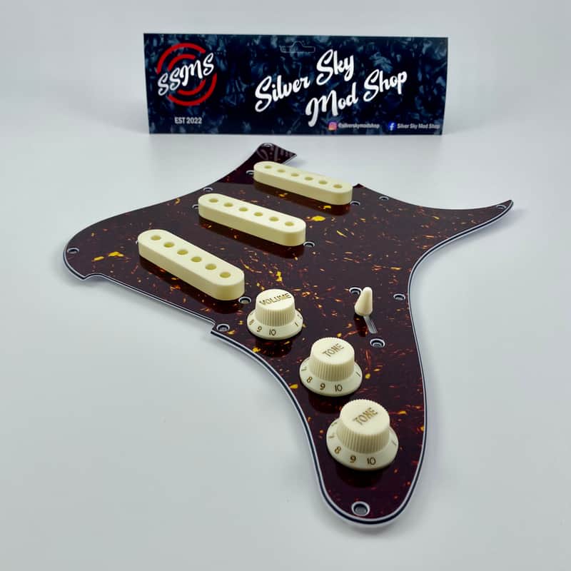 Silver Sky Se pickguard Brown tortoise & parchment pickup covers, knobs & switch tip Sliversky pick guard image 1