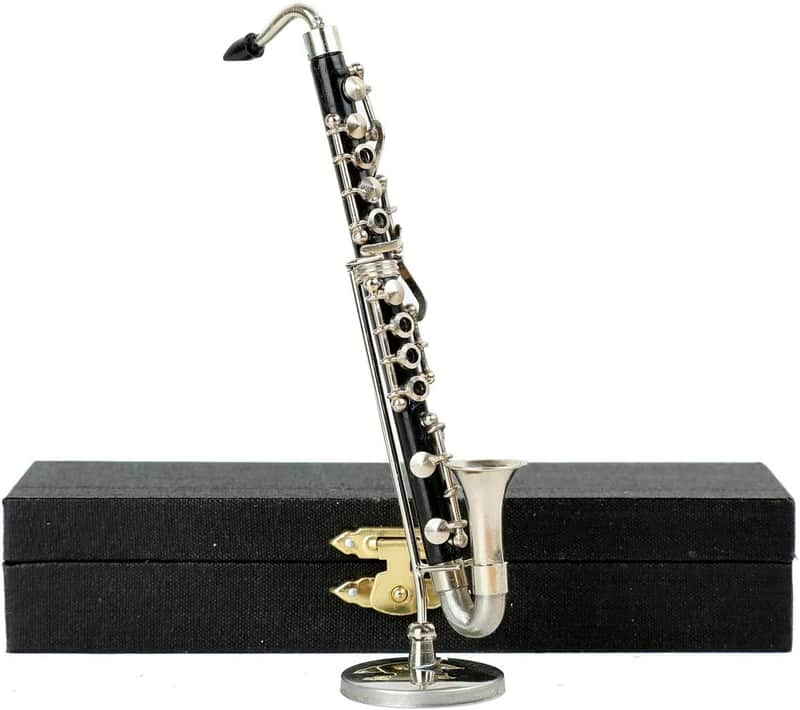 Miniature Bass Clarinet with Stand and Case Mini Musical Instrument Bass Clarinet Replica Collectible Figurines Dollhouse Accessories Model Home Decoration Display Ornament (5.12") image 1
