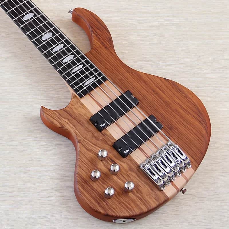 Custom Left Handed 6 String Electric Bass, Zebra Wood Top Body, Maple Neck Through, 24 Frets Fingerboard image 1