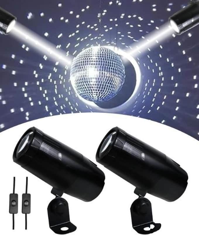 Pinspot Lights 2 Pack, Mini Disco Ball Spotlight for Mirror Ball, 5W White LED Beam Pin Spot Light with ON/Off Button for Disco Party Bar DJ Events (No Remote) image 1