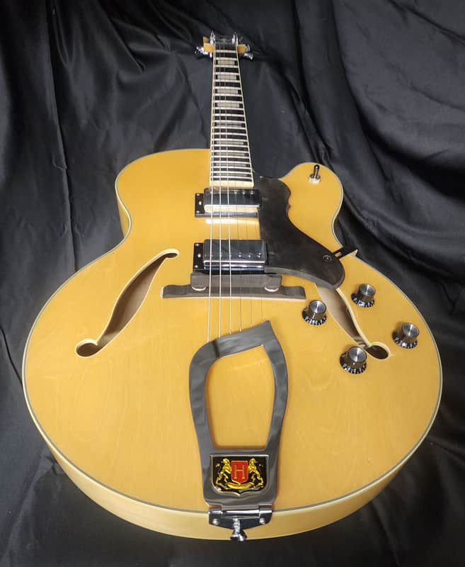 Hagstrom HJ500 Natural Gloss Hollow Body Electric Guitar – Jazz Archtop – Dual Humbuckers – Hardshell Case 2000s - 2010s - Natural Gloss Top with Dark Figured Back & Sides image 1
