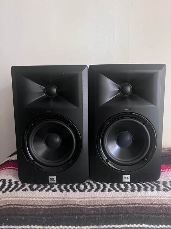 Pair of JBL LSR305 2-way active studio monitor speakers 5inch, 3 series, 2010’s, black with extras image 1