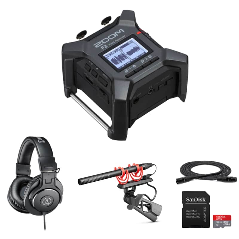 Zoom F3 Field Recorder Handheld Starter Kit with Rode NTG5 Location Recording Kit, Audio-Technica ATH-M30x Closed-back Monitoring Headphones, XLR Cable, SanDisk 32GB microSD Card and StreamEye Polishing Cloth image 1