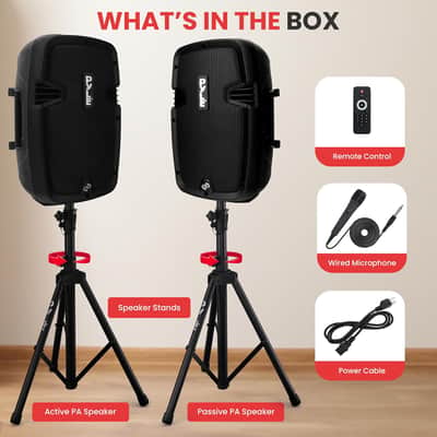 Powered PA Speaker System Active & Passive Bluetooth Loudspeakers Kit with 8 Inch Speakers, Wired Microphone, MP3/USB/SD/AUX Readers, Speaker Stands, Remote Control - Black image 5