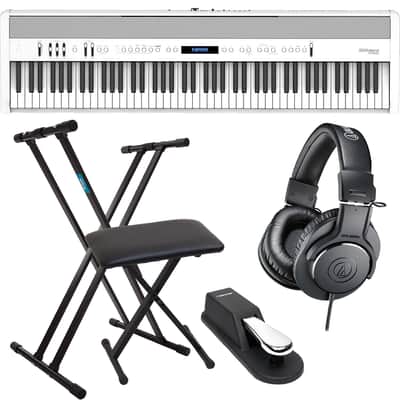 Roland FP-60X Portable Digital Piano (White), Keyboard Stand, Bench, Sustain Pedal, ATH-M20X Bundle