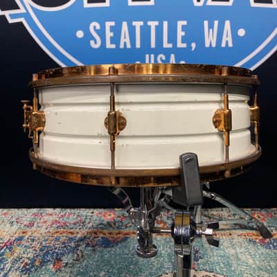 Leedy - 14x5" 8-Lug Multi-Model Snare Drum - White Lacquered Brass with Gold Hardware. 1920s image 11