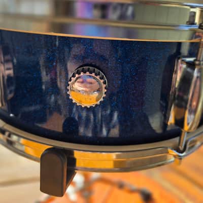 Vintage 1960s Whitehall (Made by Pearl) 14"x5" Blue Sparkle Snare, Stand, and Case image 4