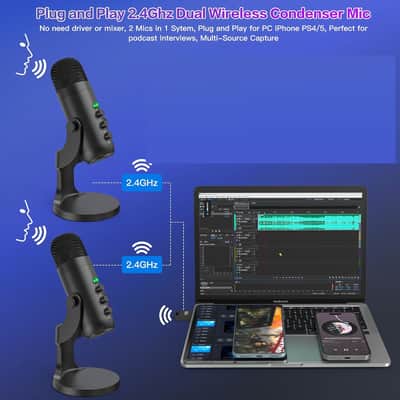 Podcast Microphone, Podcast Equipment Bundle for iPhone PC iPad Android, Dual Wireless USB Mic 2.4GHz with Noise Reduction, Tap to Mute, Monitor Gain for Streaming, Recording, YouTube,TikTok image 3