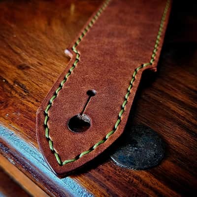 Handmade Leather Guitar Strap - Wolf in Chestnut and Pea Green [SOLD, MORE MADE TO ORDER] image 9