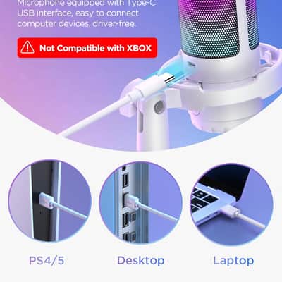 Gaming Usb Microphone, Noise Cancellation Condenser Mic With Mute, Gain, Rgb Indicator, Boom Arm Stand For Streaming, Podcast, Twitch, Youtube, Discord, Pc, Computer, Ps4, Ps5, Mac, White image 2