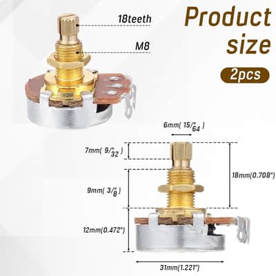 2 Pack Full Size Metric Guitar Bass Pots, 500k Potentiometer Brass Shaft Audio Taper Potentiometers, Guitar Potentiometer for Volume and Tone Short Split Shaft Audio Taper Pot for Electric Guitar Bass image 2