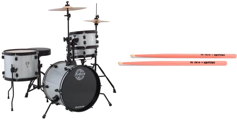 Ludwig Questlove Pocket Kit 4-piece Complete Drum Set - Silver Sparkle Bundle with Vic Firth American Classic Kidsticks - Pink image 1