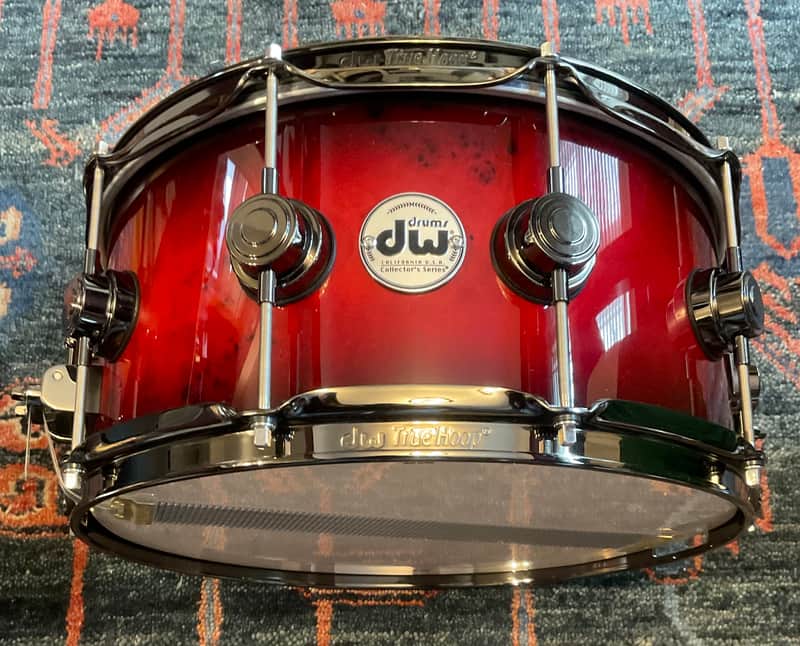 DW Collector’s Series Exotic 6.5 x 14 Snare Drum - Red to Candy Black Burst over Mapa Burl w/Black Nickel Hardware image 1